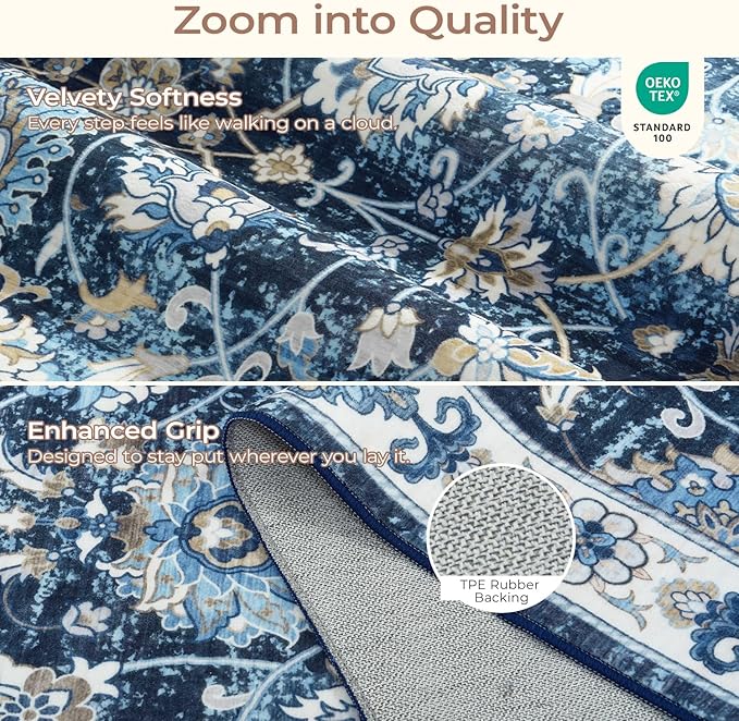6x9 Area Rug for Living Room & Bedroom, Washable Non-Slip Vintage Rugs, Floral Soft Carpet, Low Pile Wool Carpets for Indoor Dining Home Office Playroom Under Table, Modern Decor, Blue Garden