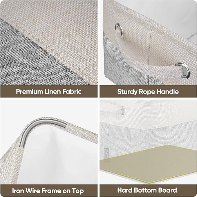 BALEINE 4 Pack Fabric Storage Bins for Shelves, Linen Storage Baskets for Organizing, Decorative Closet Bins for Clothes, Home (Grey, 12"x8"x8")