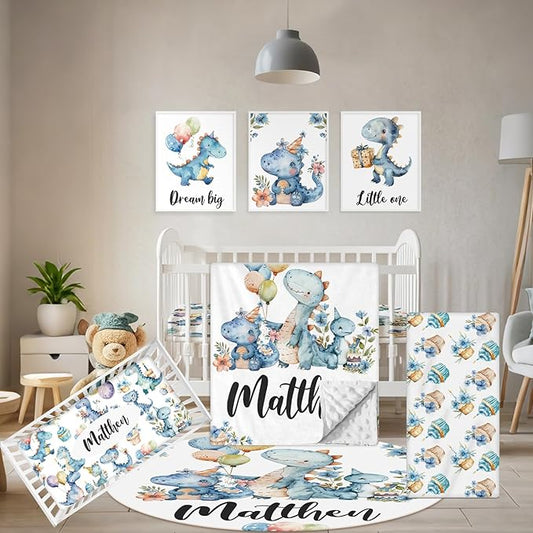Custom Baby Crib Set - 5 Pcs Personalized Name Blue Dinosaur Crib Bedding Set for Infants Toddlers - Soft Double Layer Nursery Bedding Set for Boys - Customized Gifts for Baby Shower Birthday