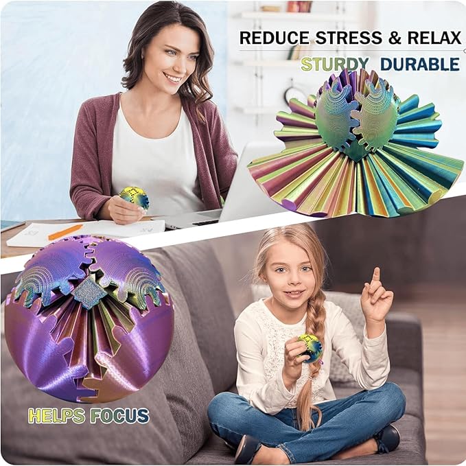 Gear Ball, 4.2in 3D Printed Gear Ball Spin Ball Cube Fidget Toys, Gear Sphere, Gear Ball Fidget Toy, Stress Ball, GearSphere Desk Toy, Fidget Balls, Gear Toy for Anxiety Relaxing (Laser Purple Blue)
