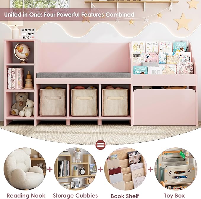 HOSTACK 67" Kids Reading Nook with Bench, Kids Bookshelf and Bookcase with Seat Cushion and 6 Storage Cubbies, Toy Storage Box on Wheels, Toy Chest for Playroom, Bedroom, School, Pink
