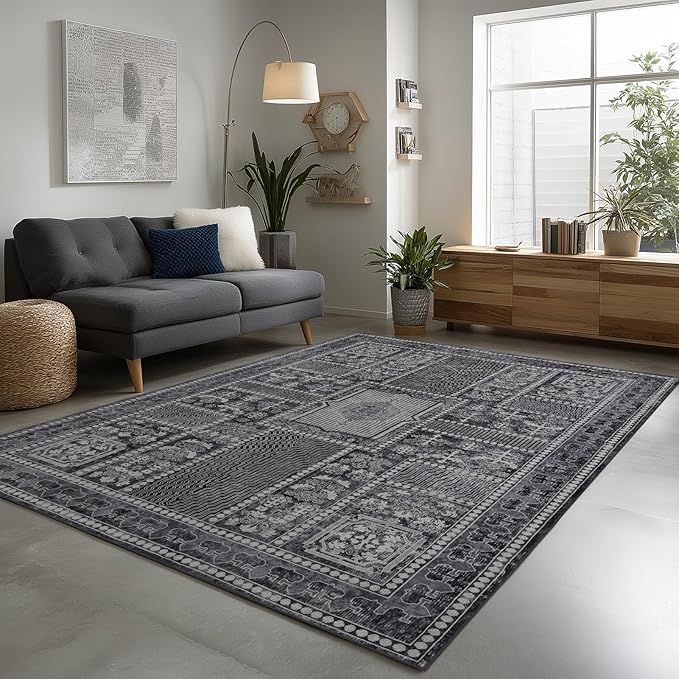 4x6 Washable Area Rug for Living Room, Carpet for Bedroom, Soft Faux Wool Retro Dining Room Rug, Non Slip&Non-Shedding Resistant Low Pile Vintage Print Rug for Home Office (Grey)