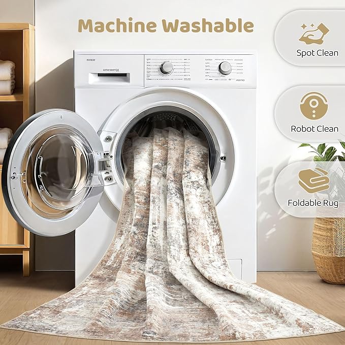 7x9 Area Rug Living Room: Machine Washable Large Abstract Modern Soft Rugs Stain Resistant Indoor Floor Non Slip Accent Carpet for Bedroom Nursery Playroom Office Dining Room Dorm Home House- Brown