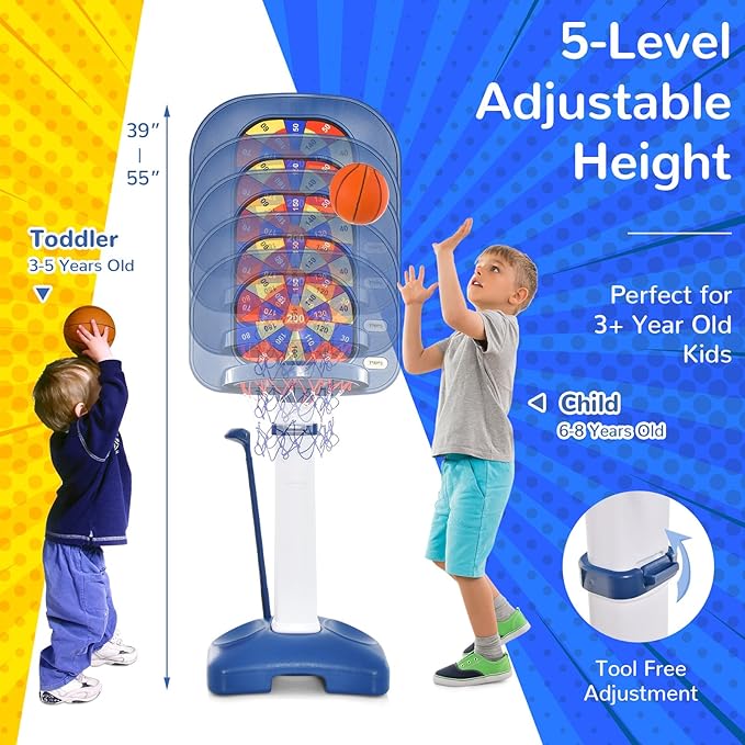 Costzon Kids Basketball Hoop, 4-in-1 Toddler Sports Activity Center with 5 Adjustable Height, Basketball Golf Toss Ring Dart Board Game Set, Indoor Outdoor Toddler Basketball Hoop, Gift for Boys Girls