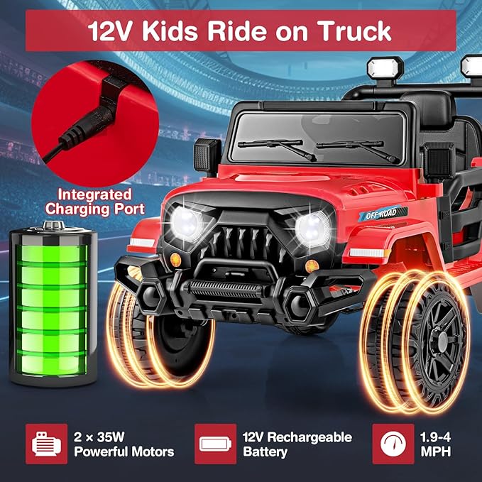 Costzon 12V Kids Ride on Truck Car, Electric Vehicle w/Remote Control, Threaded Wheels, 3 Speeds, LED Lights, Music, Horn & Wireless Connection, Battery Powered Ride on Toy for Boys & Girls 3+ (Red)