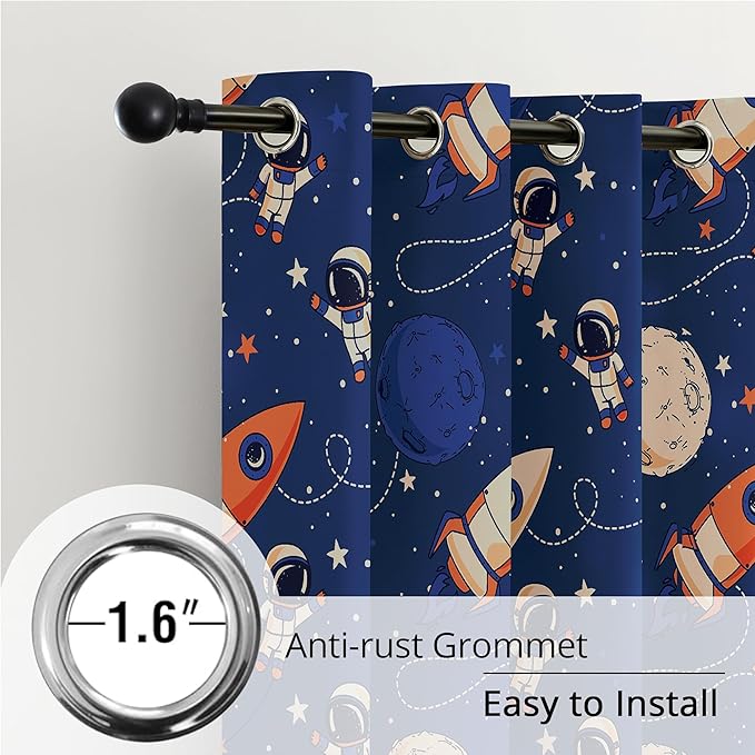 Kids Space Astronaut and Rocket Blackout Curtains - 100% Blackout, Thermal Insulated, Noise Reducing, Perfect for Kids Room and Nursery, 2 Panels (Orbiting Astronauts, W52×L84)