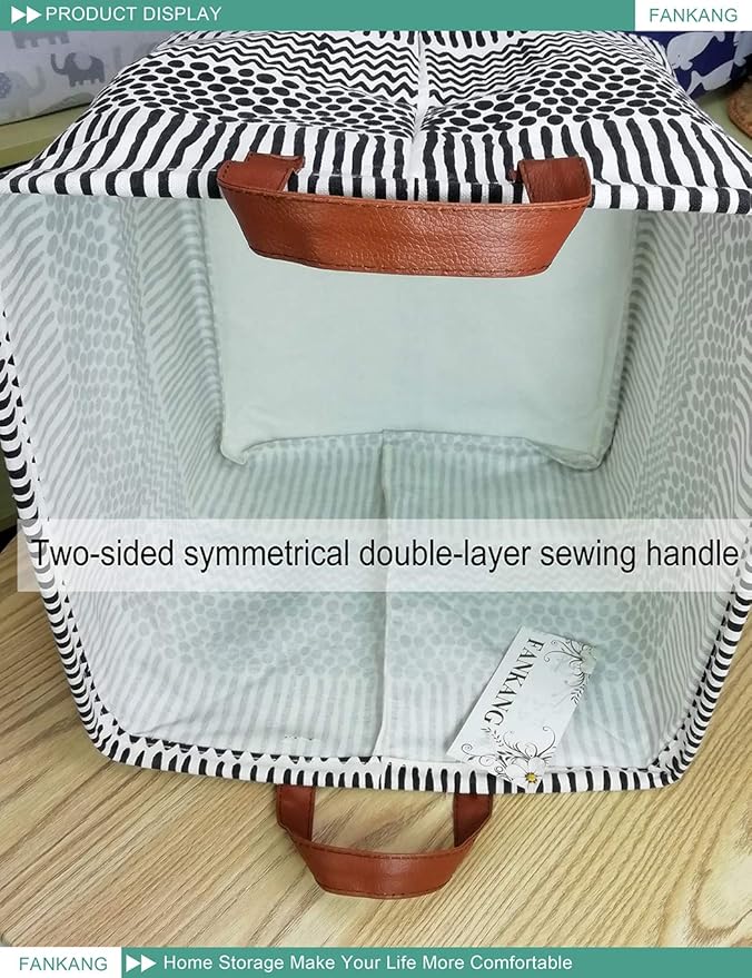 FANKANG Square Nursery Hamper Storage Bins Canvas Laundry Basket Foldable with Waterproof PE Coating Storage Baskets Gift Baskets for Children, Office, Bedroom, Clothes（Square-Black Lines ）