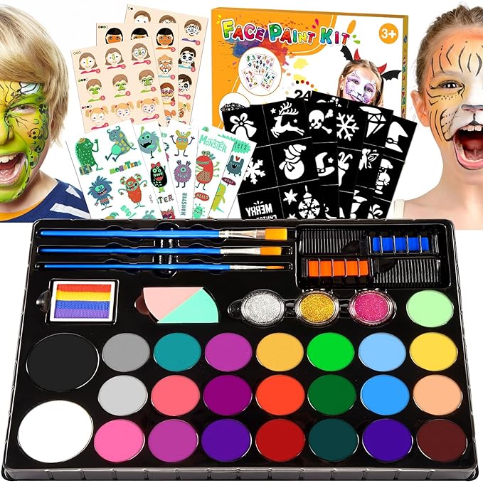 Face Painting Kit for Kids, 24 Colors Water Based Non-Toxic Face Paint with Stencils & Brushes, Professional Body Makeup Set for Halloween, Birthday, Parties with Guide Book Art and Craft Art Supplies