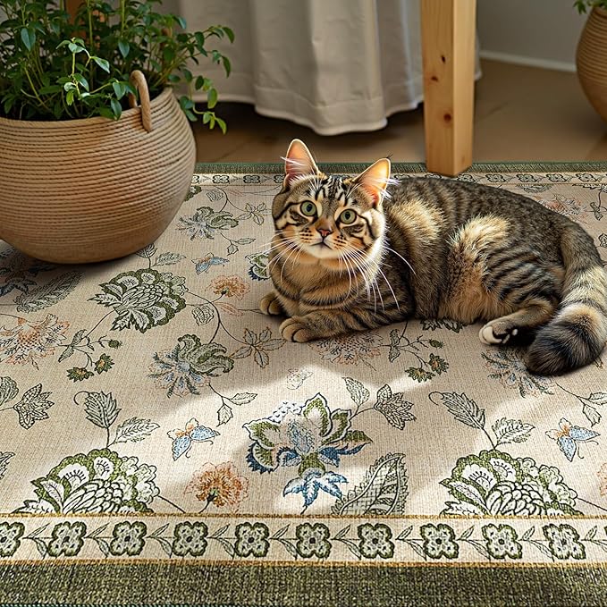 jinchan 2x3 Floral Rug for Entryway Washable Kitchen Rug Vintage Romance Design Small Mat Non Slip Indoor Doormat Lightweight Low-Profile Throw Carpet for Entrance Bathroom Laundry Room, Green/Beige