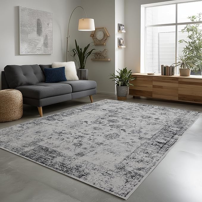 9x12 Area Rug Living Room Rugs, Stain Resistant Washable Rug, Vintage Large Non-Slip Backing, Low Pile Lightweight Print Rug for Bedroom Dinning Room Home Office (White/Grey)