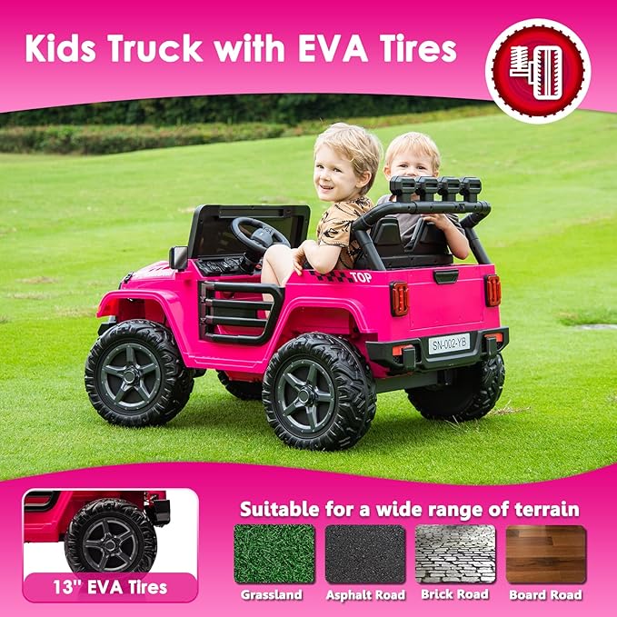 24V 2 Seater Ride On Truck with Remote Control 4WD Electric Car for Kids Ride On Car Battery Powered Ride On Toy Car with Music Player, LED Lights, Bluetooth, Rear Shock Absorber, Hot Pink