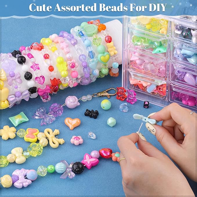 Assorted 400PCS 8 Mixed Colors Acrylic Beads for Bracelet Making, Flower Bow Butterfly GummyBear Aesthetic Bracelet Charms,Cute Beads for Jewelry Making DIY Necklace Keychain Phone Charm