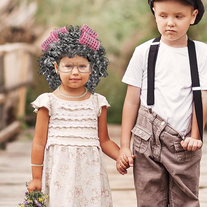 100 Days of School Costume, Old Lady Black White Curly Wig Glasses Wig Cap Necklace Bracelet Hair Rollers Cosplay Kit for Kid