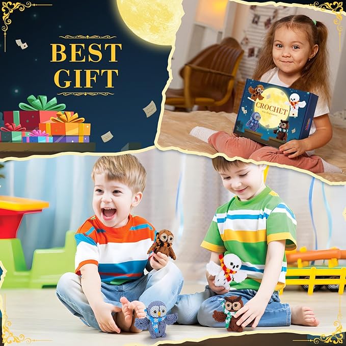 Crochet Kit for Beginners - 4 PCS Owl Crochet Kit with Step-by-Step Video Tutorials, Beginner Crochet Kits for Adults, Crochet Animal Kit for Kids, Crochet Magical Owls Set (White&Brown&Gray&Coffee)