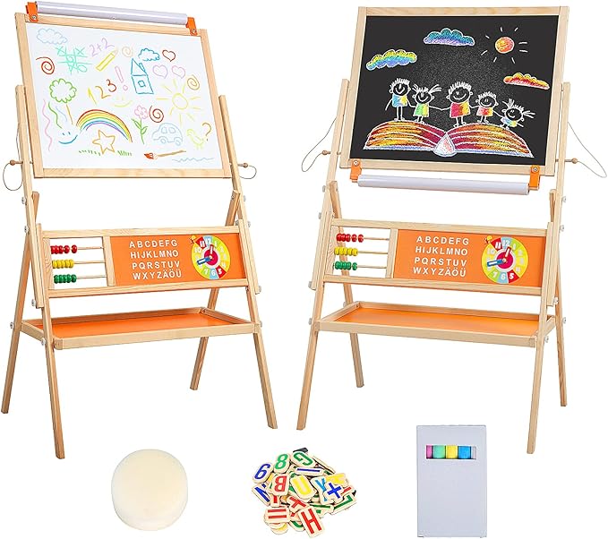 3-in-1 Wooden Easel for Kids, Toddle Double-Sided Easel with Magnetic Whiteboard and Painting Blackboard, 360° Rotatable, Paper-roll Holder, Storage Tray, and Stickers Included
