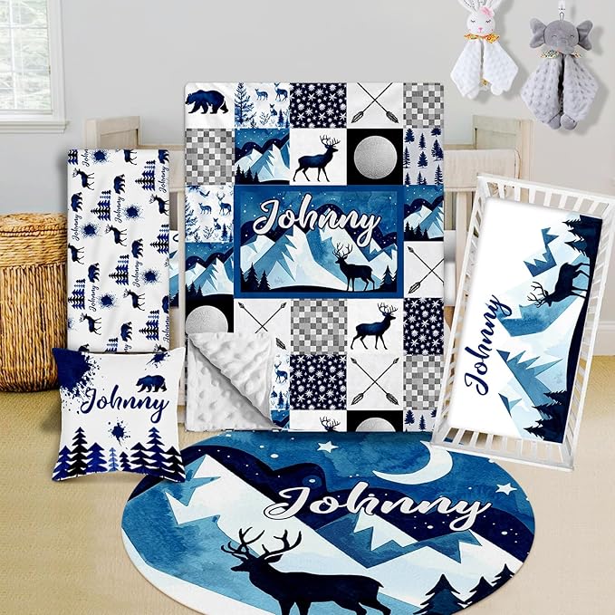 Custom Crib Bedding Set - Woodland Animals Design Personalized Name Baby Nursery Bed 3 Pcs Set - Chic Soft Blanket with Dotted Backing, Sheet, Pillowcase for Newborn Girls Boys Gifts Color10