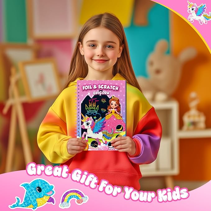 homicozy Art & Craft Activity for Kids: Foil Fun Unicorns and Princess & Scratch Art Book 2-in-1,No Mess Art Crafts for Girls,DIY Creative Activity Kit,Gifts for Girls Ages 4,5,6,7,8,9, Travel Toys