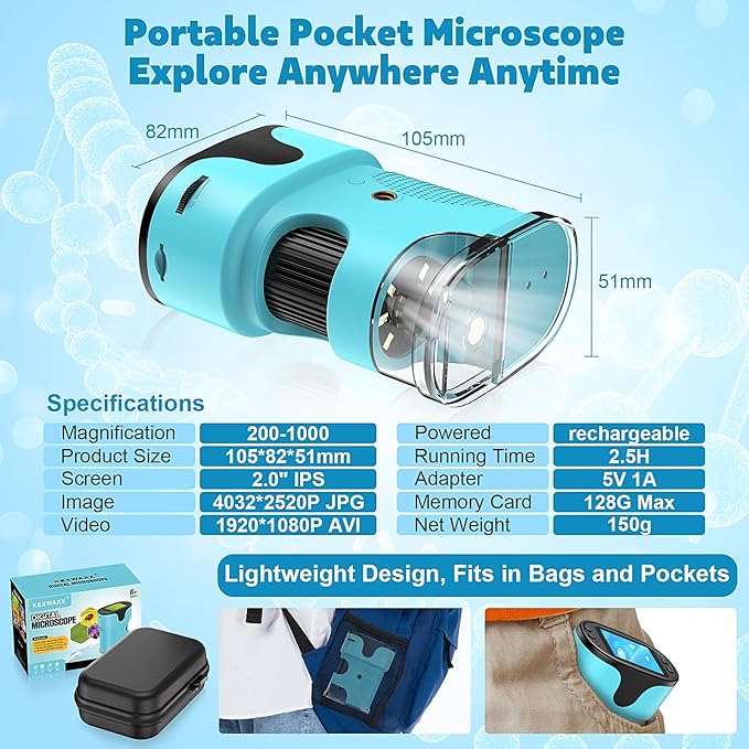 1000X Pocket Microscope for Kids - 4K 2.0" Screen, Digital Mini Scope with Slides Kit, Rechargeable Lab Handheld Portable Microscopes for Kids 4-12 Students Teens