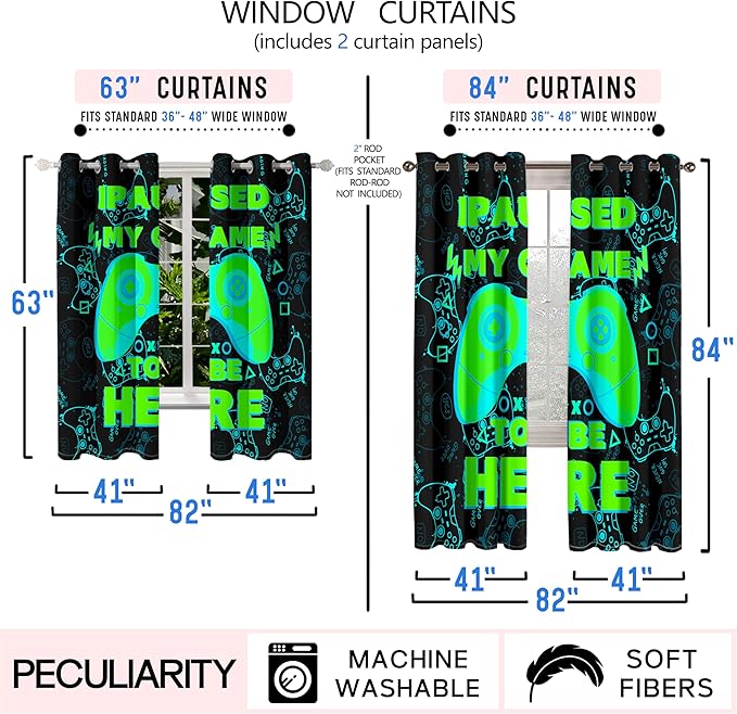 Gaming Gamepad Blackout Curtains - 2Pcs Game Windows Curtain Panels for Teens Boys Bedroom Green Gaming Console Curtains for Boys Kids Room Decor Grommet Top Thermal Insulated, 82 in x 84 in
