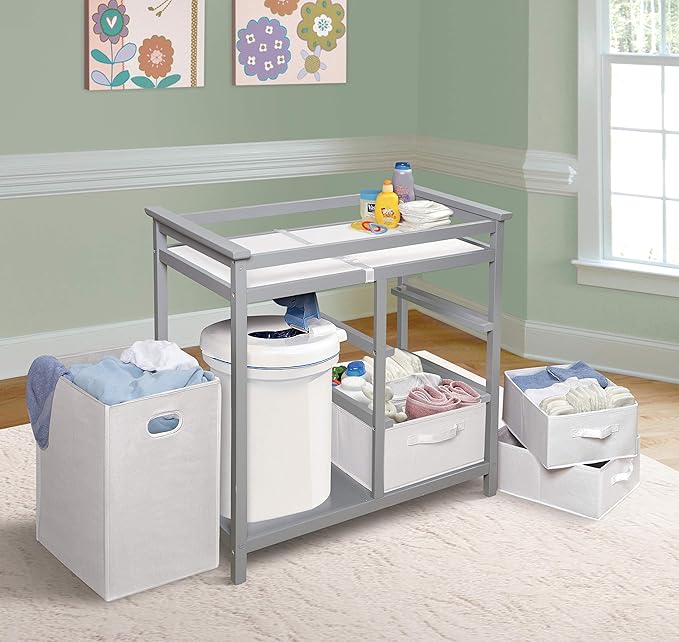 Badger Basket Modern Baby Changing Table - Nursery Furniture with Laundry Hamper and 3 Storage Drawers - Diaper Changing Station with Safety Belt, Changing Pad, Organizer Baskets - Cool Gray and White