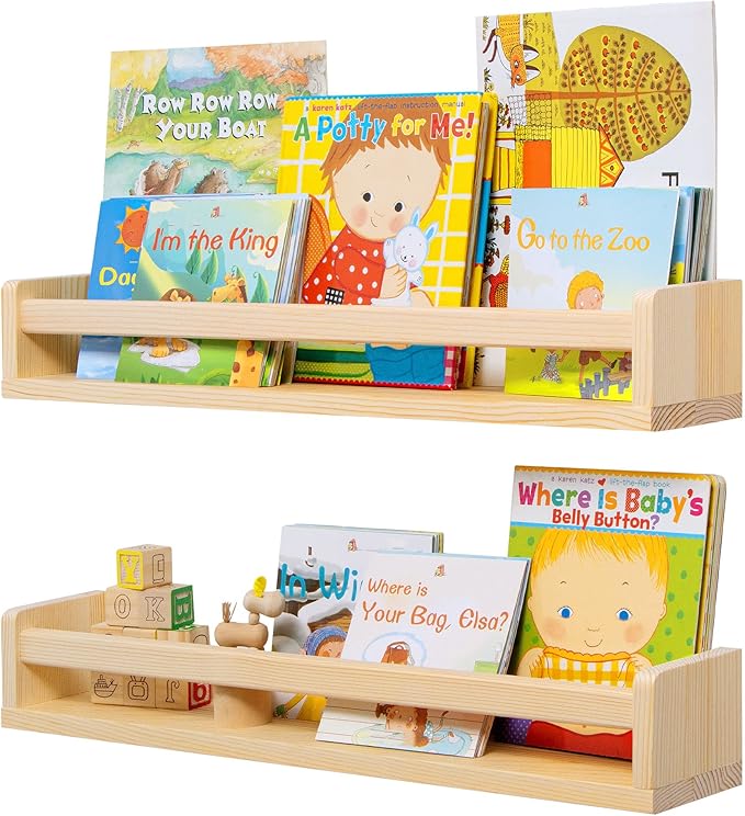 Fun Memories Nursery Book Shelves, 24Inch Floating Shelf for Wall, Wall Bookshelf for Kids Solid Wood Wall Mounted Shelves for Books,Toys and Decor Storage, Set of 2