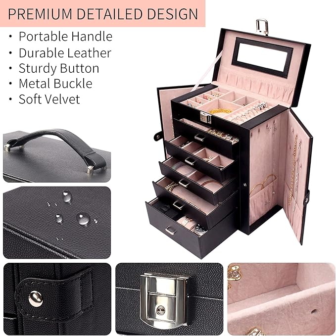 6 Tier Jewelry Box, Jewelry Case with 5 Drawers, Large Storage Capacity, with Mirror, Lockable, Jewelry Storage Organizer, Gift for Loved Ones