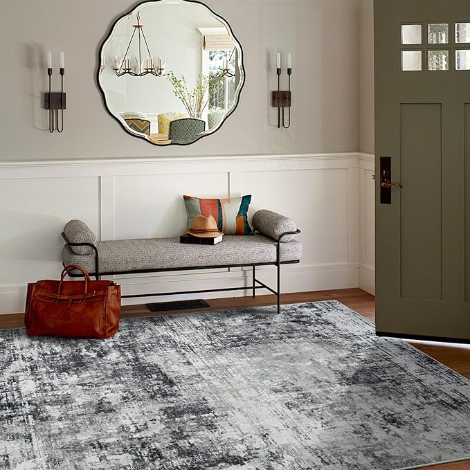 6x9 Area Rugs for Living Room Rug Washable: Modern Rug for Dining Room Bedroom Carpet Non Slip Low Pile 6 by 9 Indoor Abstract Nursery Home Office Black Grey