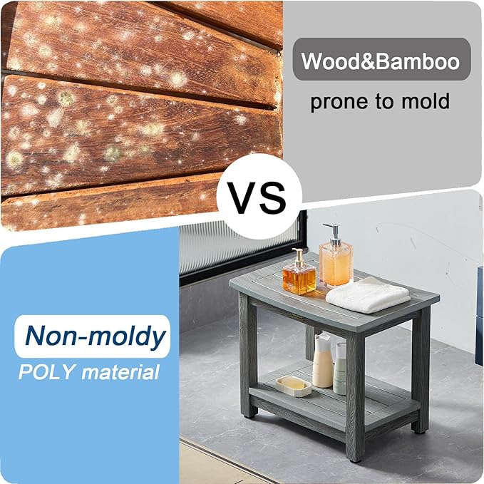 Heavy Duty Shower Bench for Inside Shower Waterproof, Large HDPS Bath Stool for Shaving Legs, Gray Poly Lumber Foot Stool, Plastic Bathroom Bench Seat with Storage Shelf, Outdoor/Indoor Use