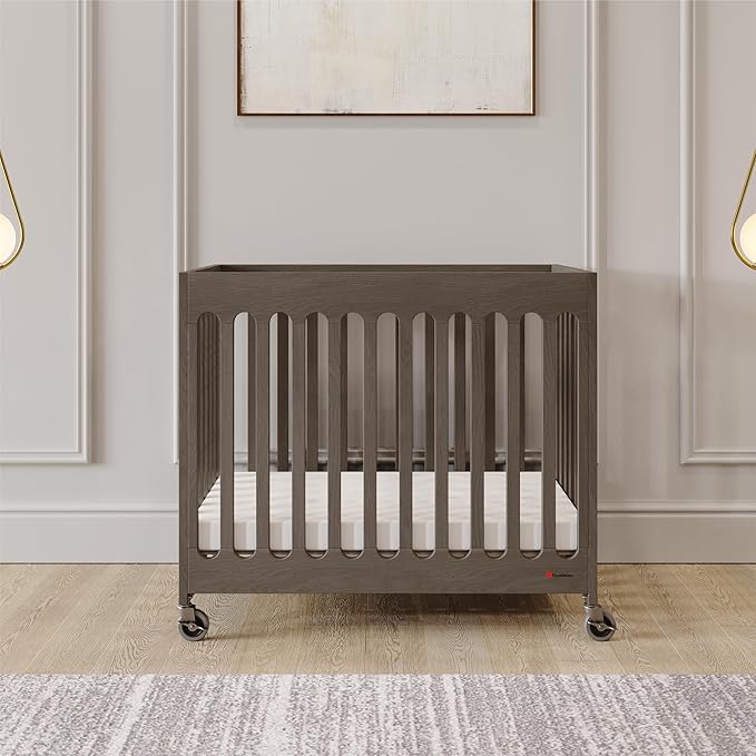 Foundations Boutique Folding Mini Baby Crib - Compact, Portable, Wooden Hotel Crib, Foldable Compact Cribs for Baby & Toddlers - Includes 3" Foam Mattress - Dapper Gray