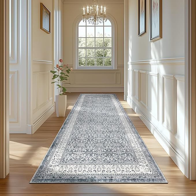 jinchan Hallway Runner Rug 3x10 - Machine Washable Grey Vintage Floral Distressed Design Soft Non-Slip Low-Pile Ultra-Thin Runner Rug for Kitchen Laundry Room Bedroom Farmhouse (3‘x10',Grey)