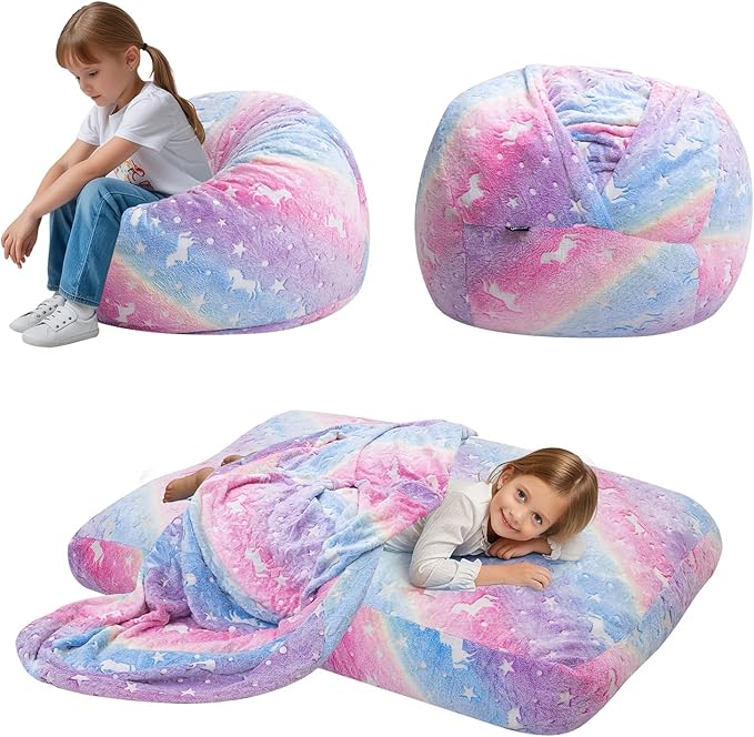 Kids Bean Bag Chair Turn into Beanbag Bed, Unicorn Toddler Bean Chair for Girl Boy Sleeping, Lazy Children Bean Bags with Filler, Convertible Child Floor Mattress, Colorful Rainbow
