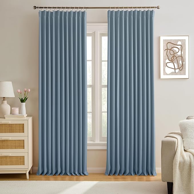 KEQIAOSUOCAI Pinch Pleated Blackout Curtain Drapes for Window 90" L - Triple Weave Energy Saving Thermal Room Divider Blackout Panels for Patio (72" Wide per Panel, 2 Panels, Dusty Blue)