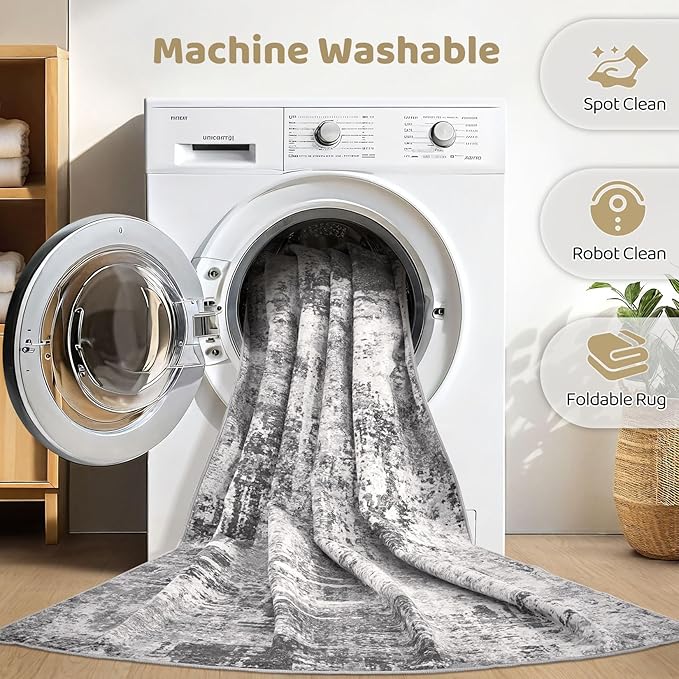 7x9 Area Rug Living Room: Machine Washable Large Abstract Modern Soft Rugs Stain Resistant Indoor Floor Non Slip Accent Carpet for Bedroom Nursery Playroom Office Dining Room Dorm Home- Black Grey