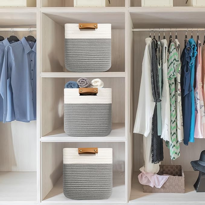 danpinera 3 Pack 11"x11" Woven Basket for Organizing, Square Storage Baskets for Pillows, Towels, Toy, Clothes, Magazines, Decorative Storage Cubes for Bedroom, Living Room, Classroom, Grey