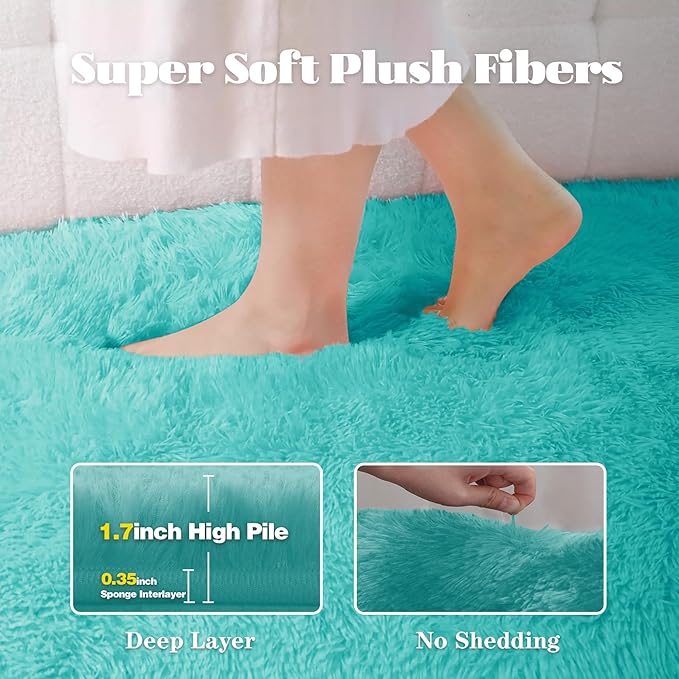 4x6 Area Rug for Living Room: Fluffy Shag Soft Washable Rugs Fuzzy Plush Indoor Carpet for Bedroom Nursery Playroom Dorm Kids Girls Boys Room (Teal Blue, 4'x6')