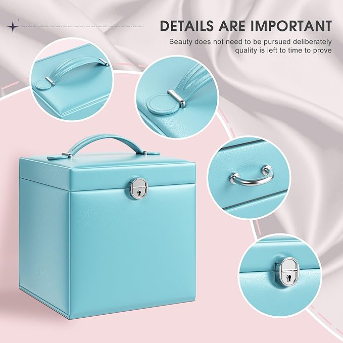 5-Layer Jewelry Box with 4 Drawers, Huge Portable Jewelry Organizer with Lock and Mirror for Women, for Necklace Ring Earring Bracelet Storage, Lockable Jewelry Case, Blue