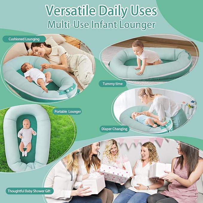 Baby Lounger, Deluxe Infant Lounger, Baby Nest Cover for Baby, Breathable Cotton, Adjustable Baby Floor Seat for Tummy Time, Newborn Essentials for Baby 0-12 Months (Greener)