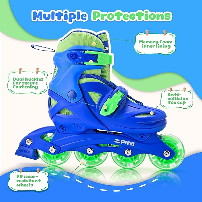2PM SPORTS Inline Skates with Light Up Wheels, Roller Skates Blades for Boys Girls Kids Ages 5-8 8-12 4-6 6-12, Size Adjustable Beginner Blades Roller Skates