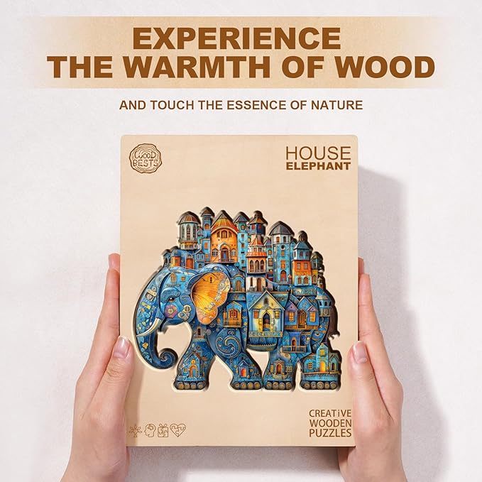 Jigfoxy Wooden Puzzles for Adults, Elephant House Wood Puzzles Adult, Unique Animal Shape Wooden Jigsaw Puzzles for Adults, Birthday Gifts for Puzzle Lovers, Family, Friend (S-8.5 * 7.4in-100pcs)