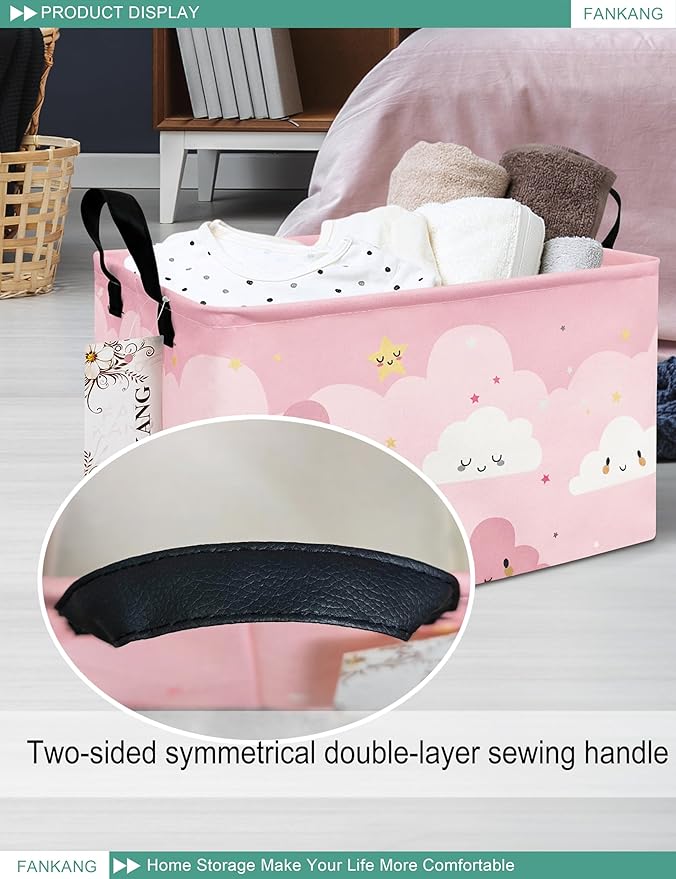 FANKANG Storage Bins, Nursery Hamper Canvas Laundry Basket Foldable with Waterproof PE Coating Large Storage Baskets for Kids Boys and Girls, Office, Bedroom, Clothes,Toys(Rec-pink cloud ）