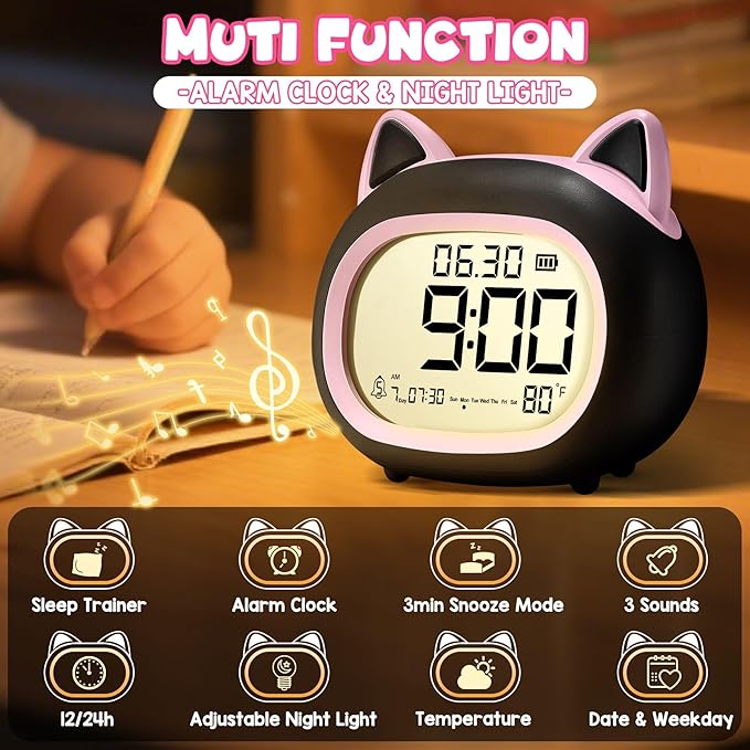 Kids Alarm Clock with Night Light for Kids, Small Digital Alarm Clocks for Bedrooms, Routine Builder, Cute Cat Alarm Clock with Sleep Training, Snooze, 12/24H, Date & Day, Temperature, USB Port