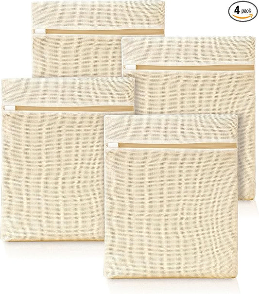 4Pcs Cotton Mesh Laundry Bags for Delicates,Breathable Mesh Garment Bag for Washing Machine,Travel Wash Bags with Zipper for Bras,Underwear,Socks,Baby Clothes,Laundry Dorm Room Essentials(M)