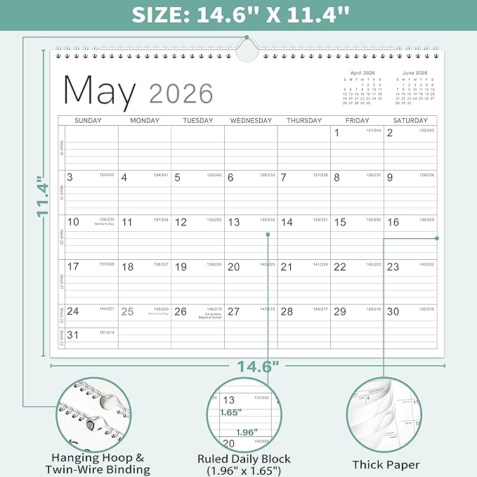 2026 Wall Calendar - 2026 Calendar from Jan. 2026 - Dec. 2026, 14.6" x 11.4", 12 Months Wall Calendar 2026, Thick Paper, Twin-Wire Binding, Simple Design