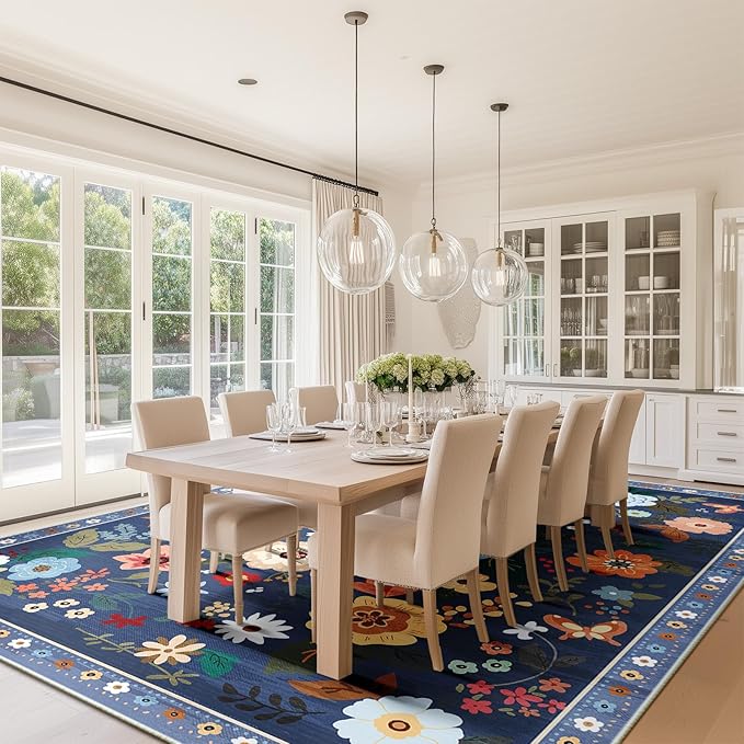 Floral 9x12 Area Rug Machine Washable Soft Print Boho Carpet Non Slip Doormat Low Pile Flower Area Rugs for Living Room Bedroom Nursery Kitchen Dining Room Indoor-Blue/Grey