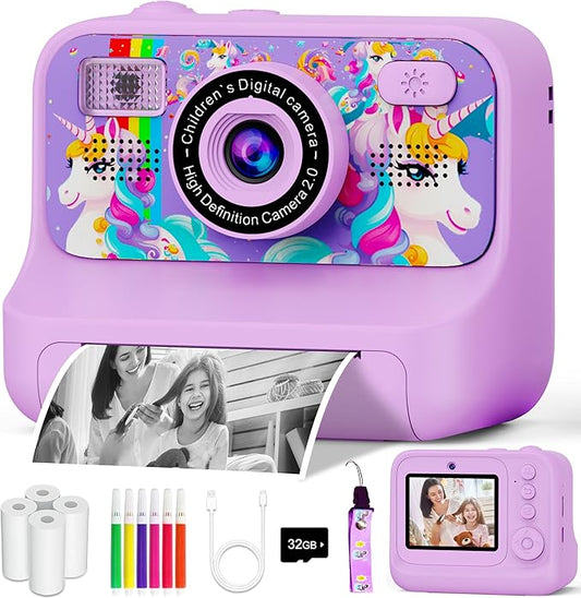 Kids Camera, Upgrade Kids Camera Instant Print, Front Rear Dual Selfie Digital CAM with 1080P Videos, Portable Travel Toy with Games and Music, Christmas Birthday Gift for Boys, Girls and Teens