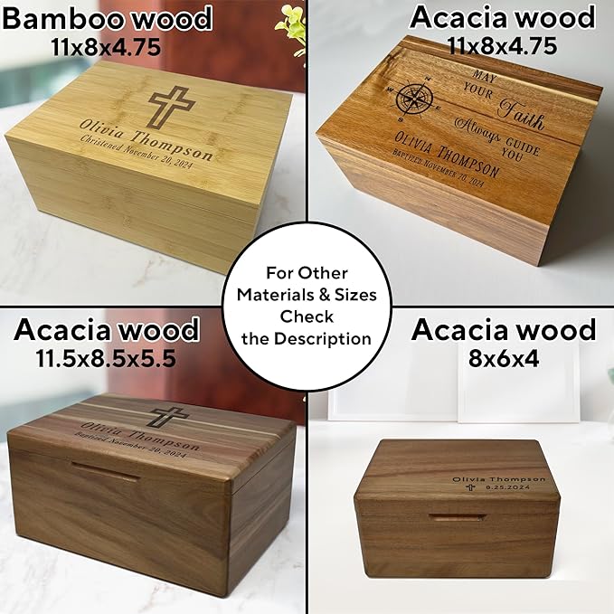 First Communion Box Acacia Wood - Personalized Baptism Gift for Boys, Christening Storage for Baby, Personalized Baptism Gifts for Girls, Engraved Confirmation Keepsake Box w/ Name 11.5 x 8.5 x 5.5 in