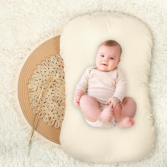 Hooyax Baby Lounger Cover 2 Pack - 100% Muslin Cotton Newborn Lounger Pillow Covers Only, Soft Breathable Infant Lounger Cover with Reinforced Stitching, Fits Most Standard Baby Loungers (Green Wheat)