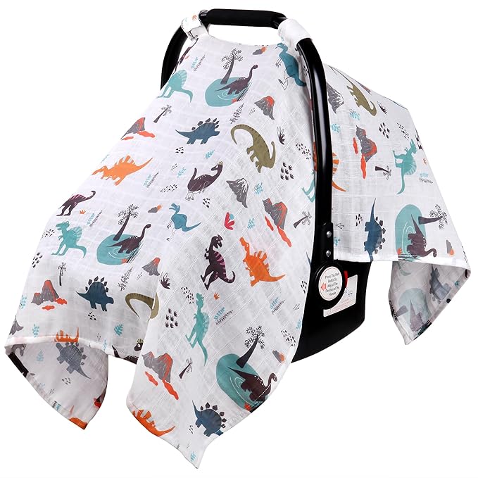 Rquite Muslin Car Seat Cover Baby, Carseat Covers Baby Boy Girl, Breathable Lightweight Infant Car Seat Cover, Baby Carrier Cover Car Seat Canopy Stroller Sun Shade for Summer & Hot Day, Universal Fit