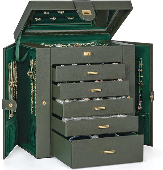 AKOZLIN Huge Jewelry Box Organizer Functional Large Leather Jewelry Storage Case for Women Girls Ring Necklace Earring Bracelet Holder Organizer with Mirror