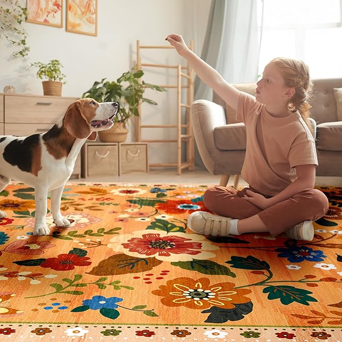 Floral 4x6 Area Rug Machine Washable Soft Print Boho Carpet Non Slip Doormat Low Pile Flower Area Rugs for Living Room Bedroom Nursery Kitchen Dining Room Indoor-Yellow/Orange